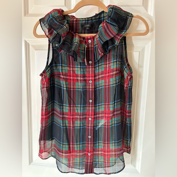 BNWT J. Crew Sleeveless ruffle-collar top in black Stewart tartan - XS - Picture 2 of 8